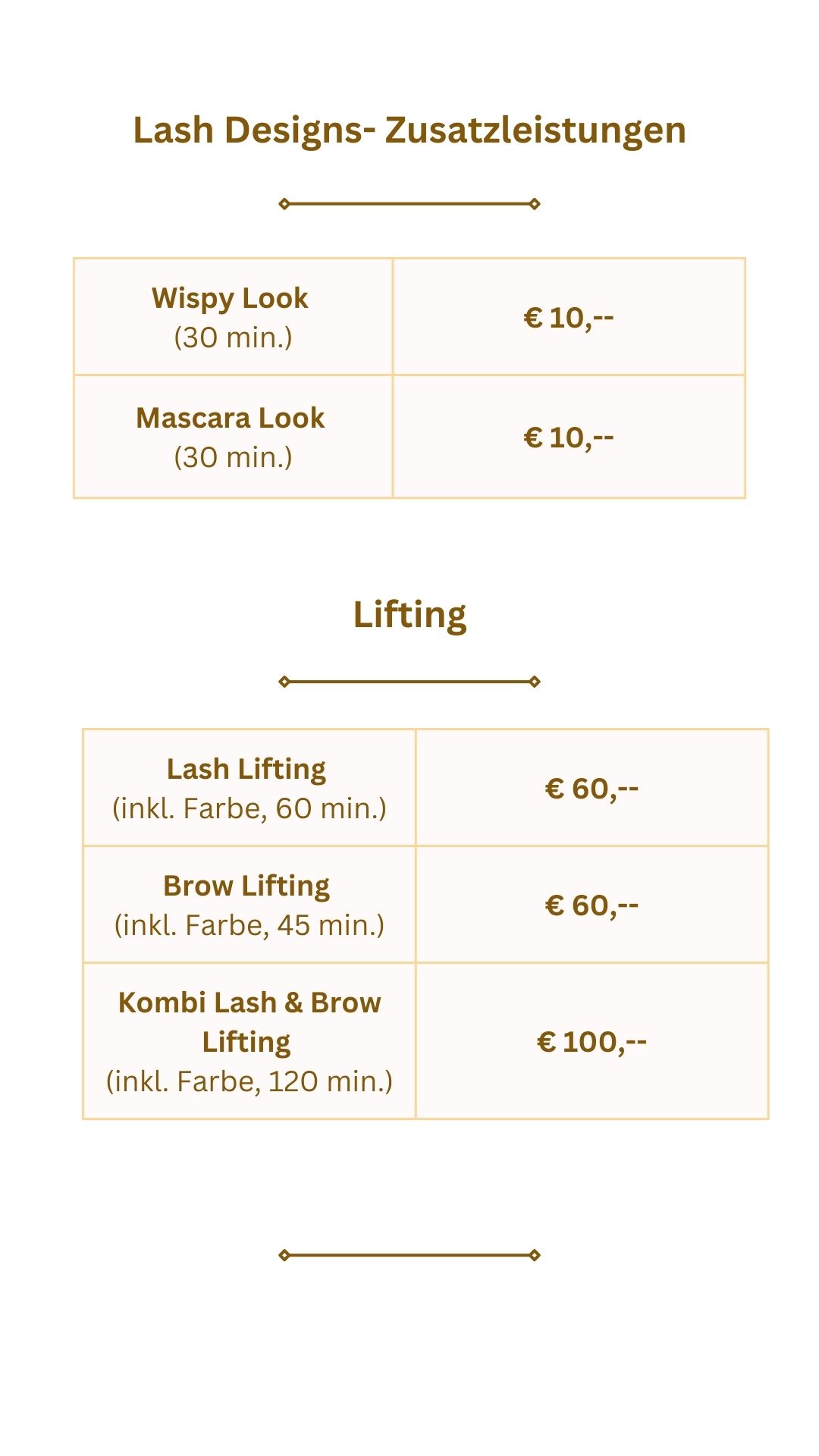 Liste mit noch mehr Preisen für Wimpernverlängerungen
